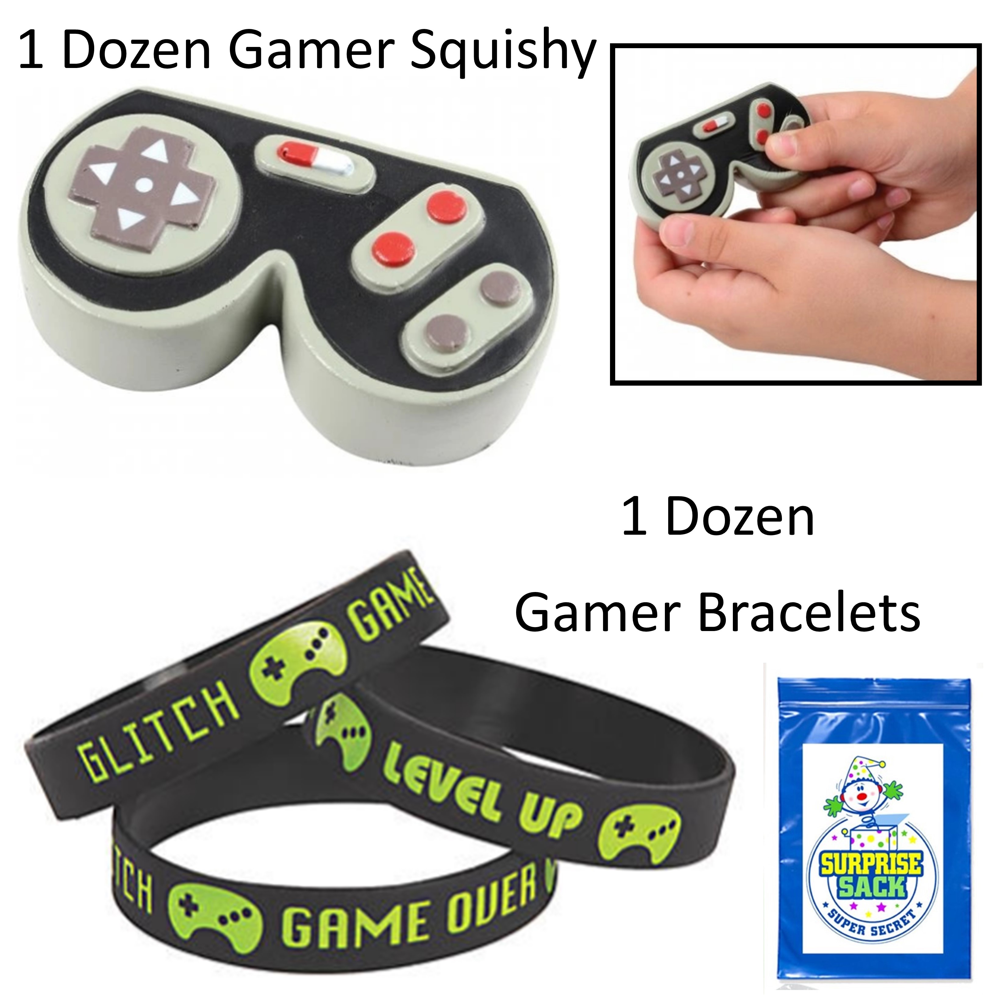 12 Game Controller Squishy Stress Toys & 12 Gamer Bracelets - Video Game Birthday  Party Favors & Supplies for Kids, Tweens or Teens Goodie Bags 